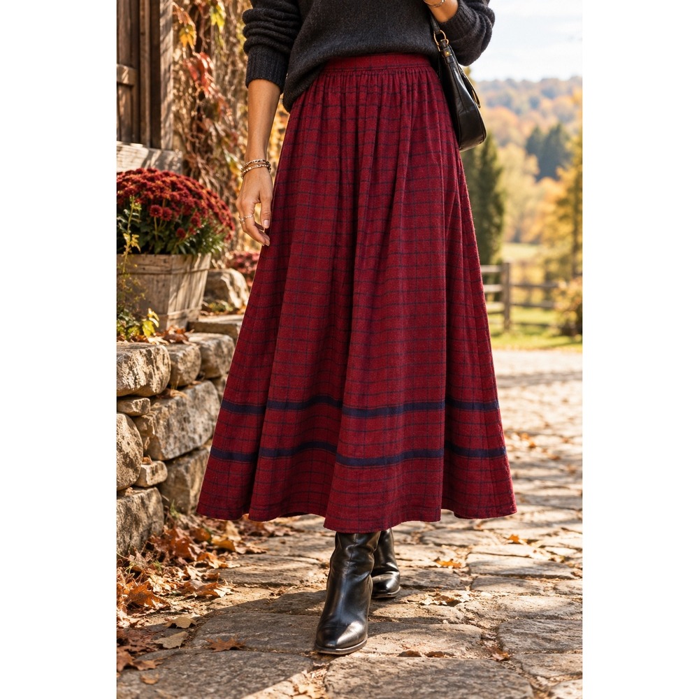 Gloria Sachs 70/80s Vintage Maxi Skirt Burgundy Plaid Wool Blend Union Made USA